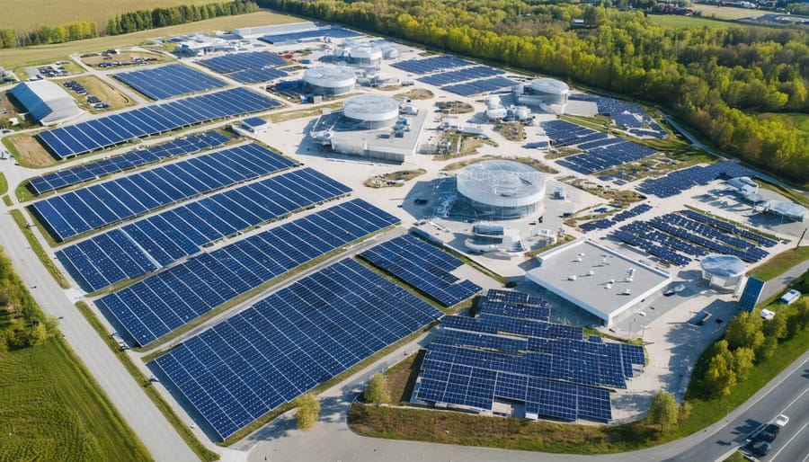 Aerial view of a modern solar research facility in Europe, displaying various solar panel test installations and collaborative workspace buildings, illustrating the collaborative ecosystem driving solar innovation.
