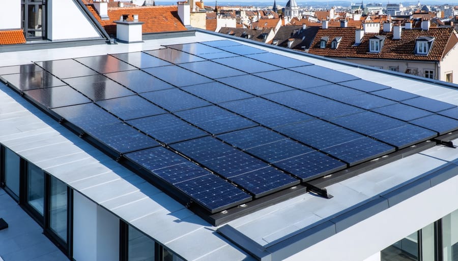 A modern European rooftop featuring frameless solar panels seamlessly integrated with the architecture, illustrating their sleek design and aesthetic appeal in an urban setting.
