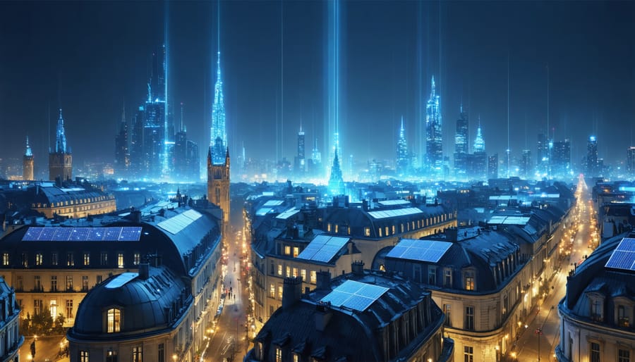 Illustration of a European cityscape featuring buildings with futuristic quantum solar panels integrated into their architecture, glowing as they capture sunlight and showcasing the blend of modern and traditional elements.