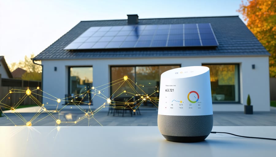 Illustration of a European home with solar panels and a Google Home device displaying real-time solar energy data. The image depicts connectivity between smart home technology and solar power through graphical elements.