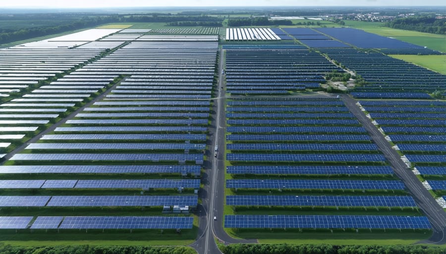 Modern grid-scale battery storage installation with solar panels in the background
