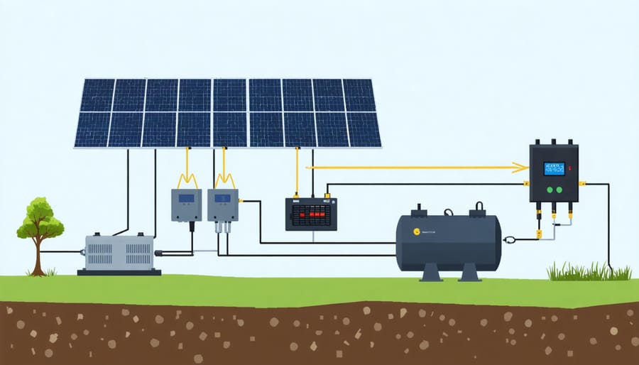 Technical diagram illustrating the integration of solar panels, diesel generators, and battery storage in a hybrid power system