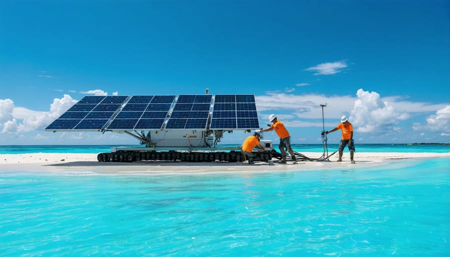 Technicians installing portable solar power system for telecommunications on an isolated European island