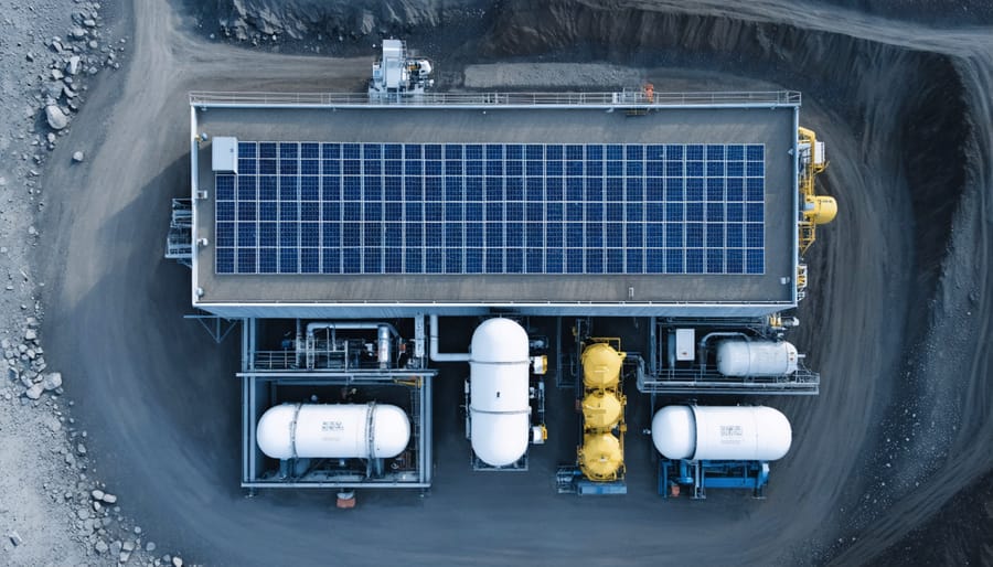 Bird's eye view of mining site showing solar farm integration with existing diesel power infrastructure