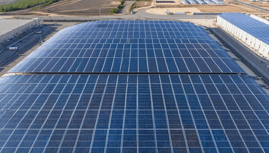 Solar thermal power plant with visible molten salt storage tanks and mirror arrays