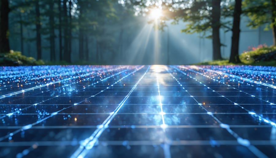 Artistic illustration of a futuristic solar panel incorporating quantum dots, carbon nanotubes, and plasmonic nanostructures, symbolizing advanced nanotechnology innovations for improved solar efficiency.