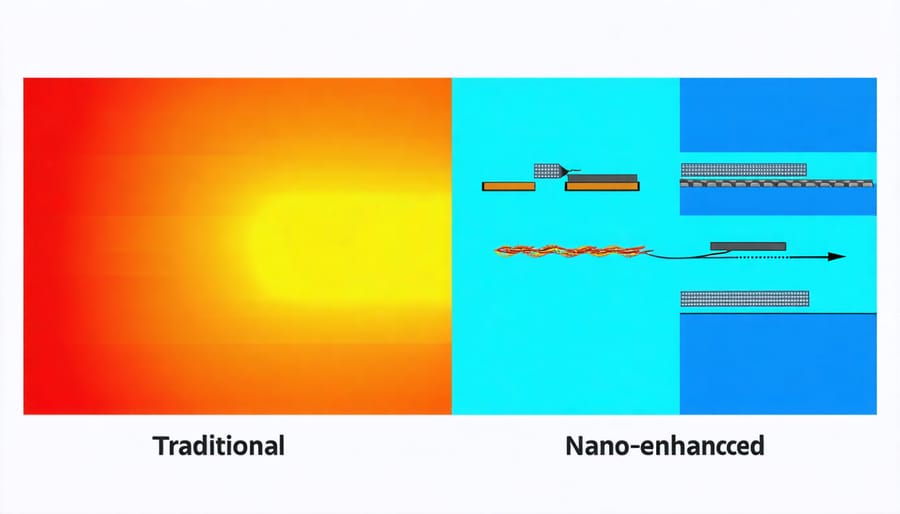 Side-by-side illustration comparing light capture efficiency between conventional and nanotechnology-enhanced solar cells