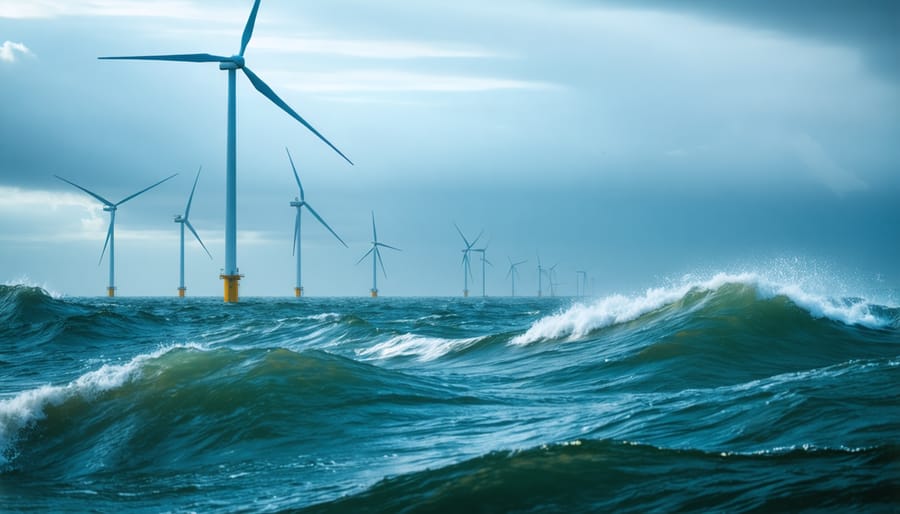 Aerial view of offshore wind turbines with wave protection barriers