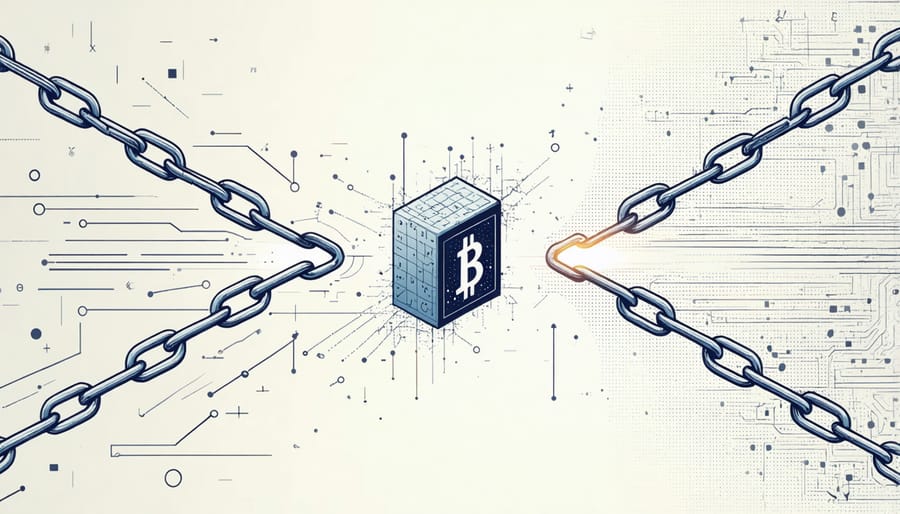 Artistic visualization of quantum computer breaking through traditional blockchain security
