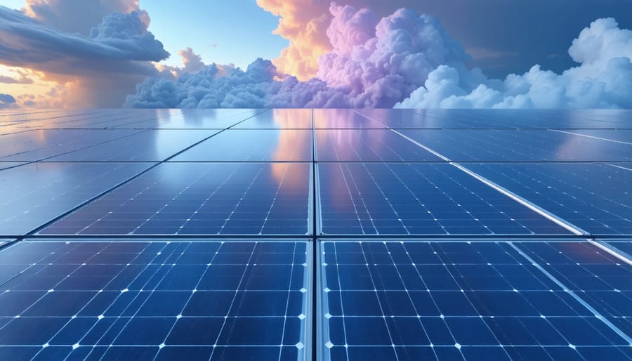 Advanced quantum computing system analyzing cloud patterns over solar installation