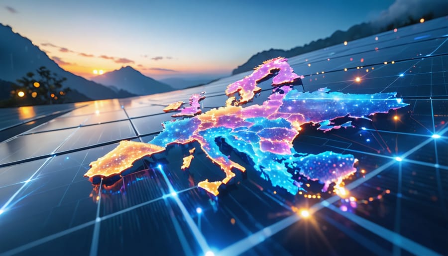 A digital landscape depicting quantum circuits analyzing atmospheric data with solar panels and a European map backdrop, representing the impact of quantum computing on solar power forecasting.