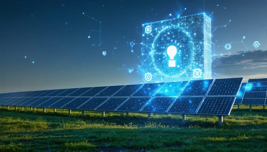 Conceptual representation of a secure solar energy grid protected by quantum-resistant blockchain technology, with abstract elements symbolizing the quantum computing threat.