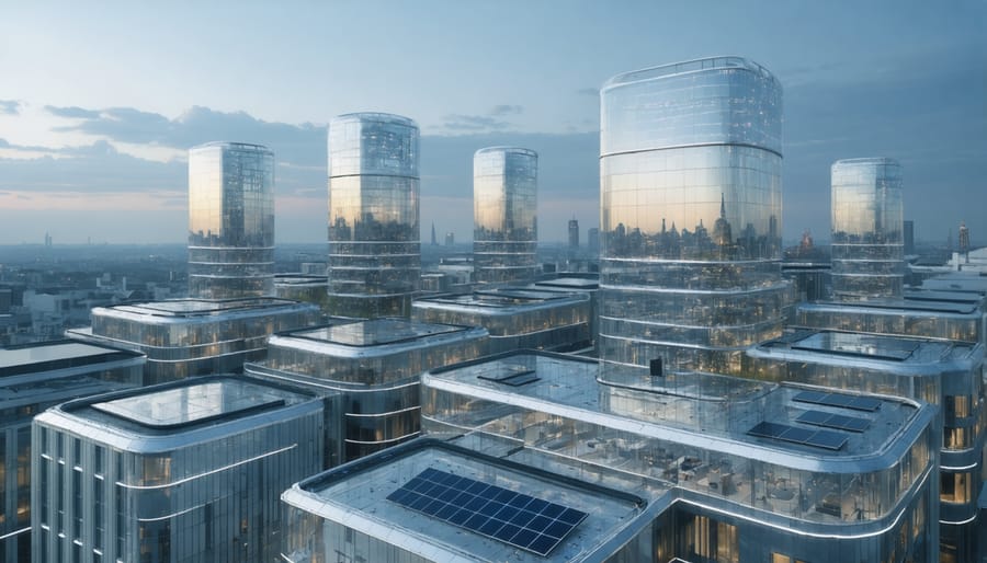 A European city skyline illustrating modern buildings with integrated solar materials such as solar glass windows and solar roof tiles, representing the transformation of construction through advanced solar technologies.