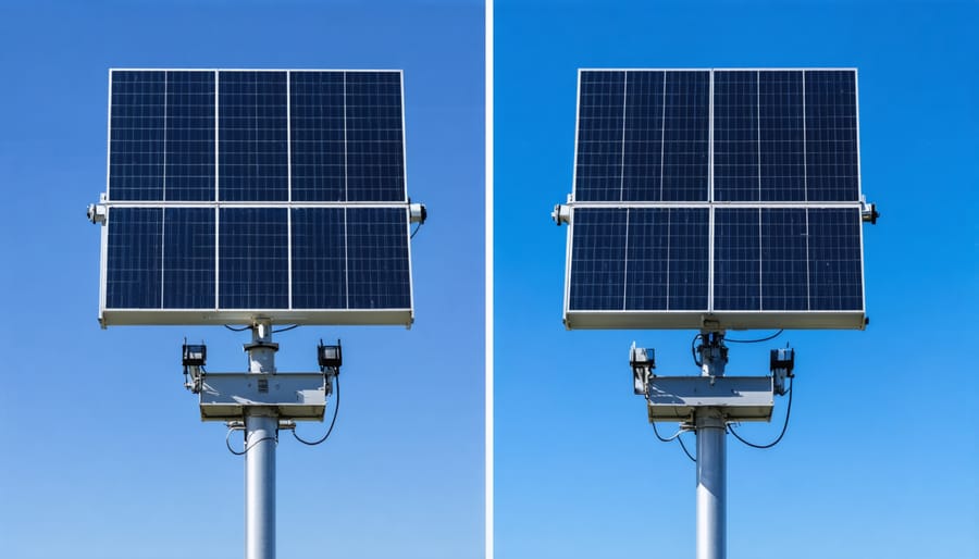 Single-axis solar tracker demonstrating movement positions with bifacial panels installed