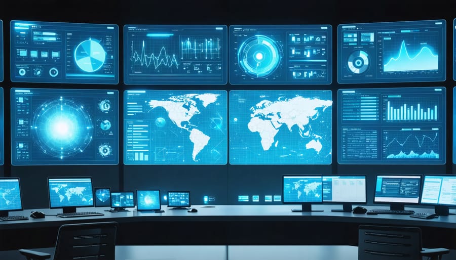 Modern control room with multiple screens displaying solar energy storage and distribution data