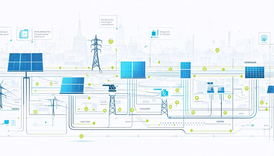 Digital illustration of AI-optimized smart grid system with renewable energy integration