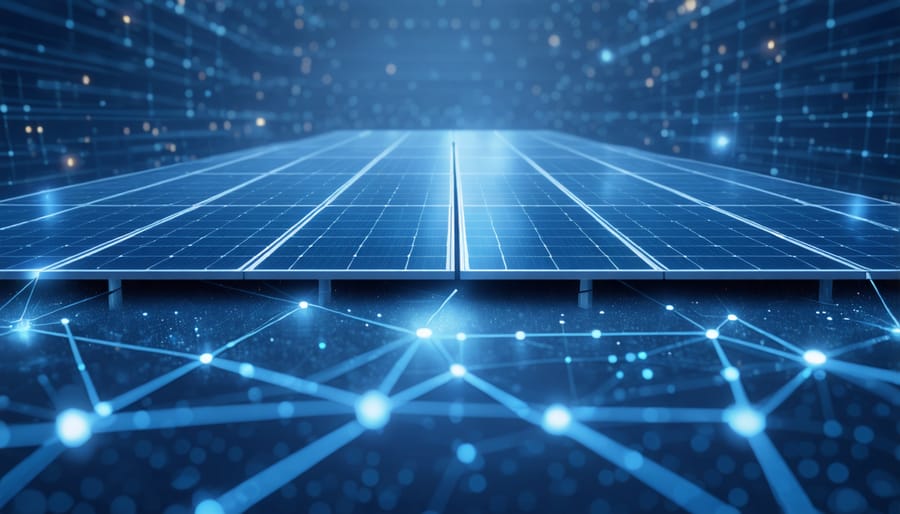 Solar energy grid connected to quantum-resistant blockchain network with data flow indicators
