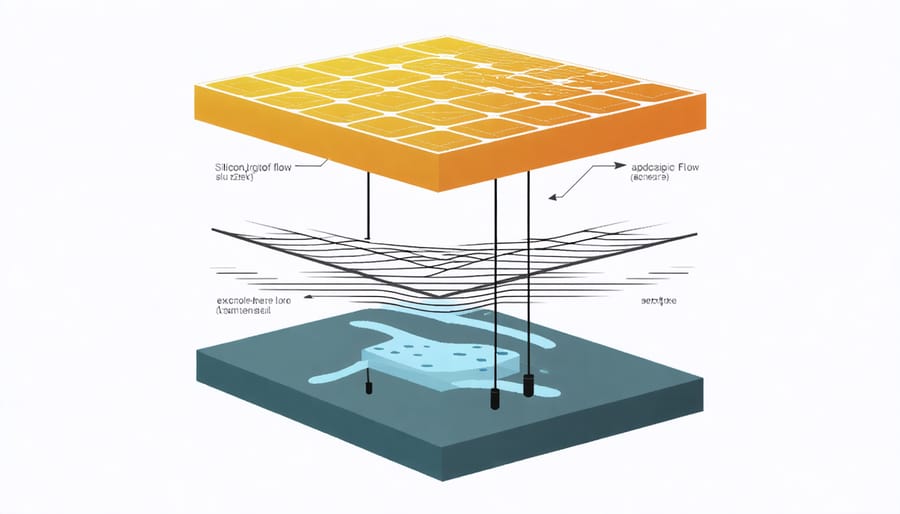 Detailed illustration of solar cell layers including P-N junction and electron movement