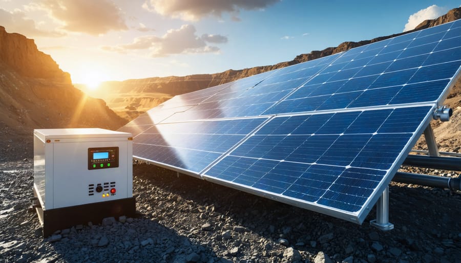 Illustrative representation of solar panels and diesel generators working in harmony at a mining site, symbolizing the integration of renewable and traditional energy sources for efficient power generation.