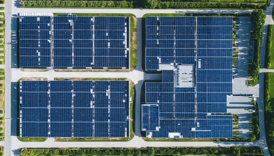 Modern solar energy research campus showing various test installations and laboratory facilities