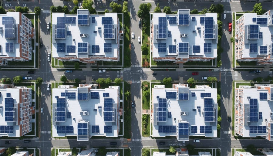 Bird's eye view of an interconnected solar neighborhood showing rooftop solar installations and smart grid connections