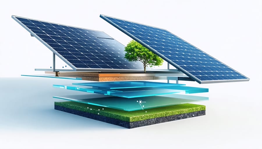 3D exploded diagram showing all layers and components of a solar panel