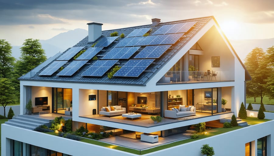 "Conceptual illustration of a solar panel system on a modern home, highlighting components like photovoltaic cells, inverters, and protective frames."