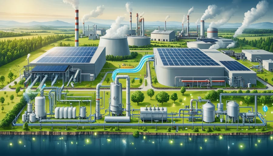 Illustration of European industrial facilities integrating solar panels and advanced systems to recover and repurpose waste heat, emphasizing sustainability and energy efficiency.
