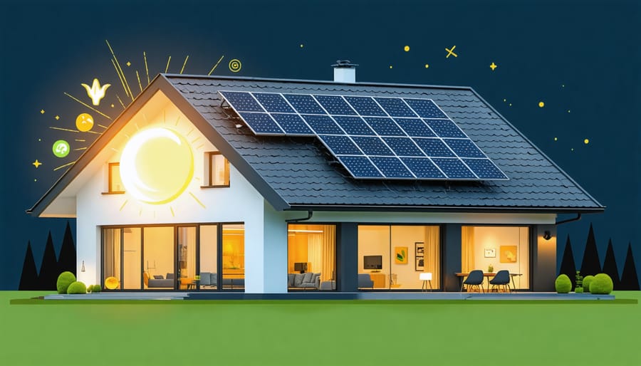 An illustration of a modern home equipped with solar panels and passive solar design features, symbolizing sustainable energy efficiency and cost savings.