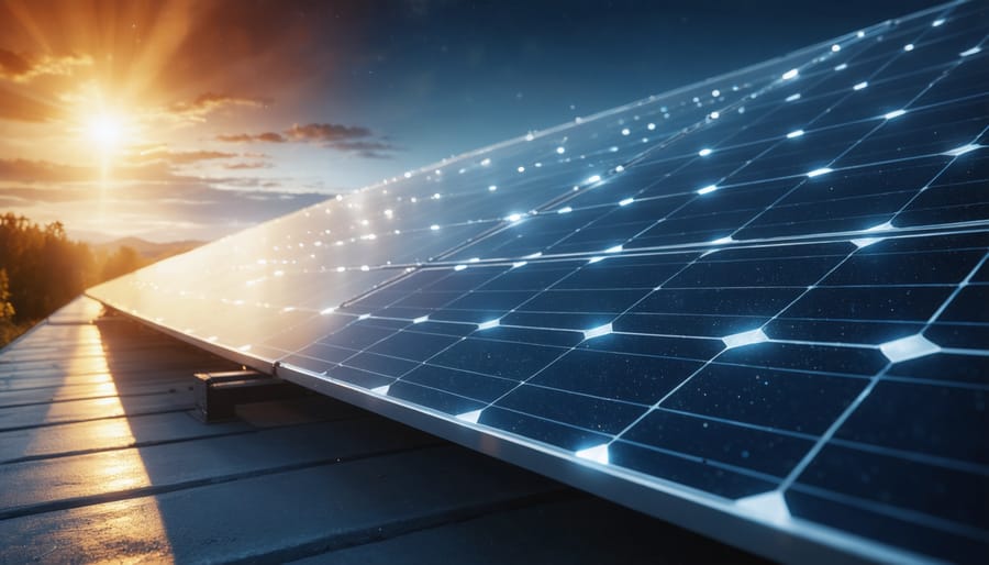 Solar panel capturing sunlight, then transitioning to power glowing infrared LEDs at night, representing the integration of solar technology in modern security.