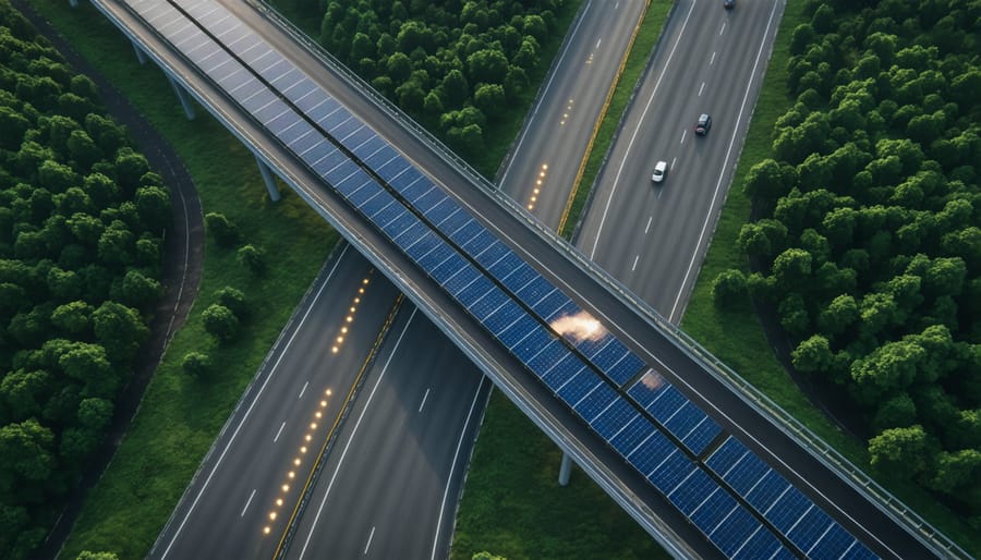 Solar panels integrated into a highway surface with illuminated road markings