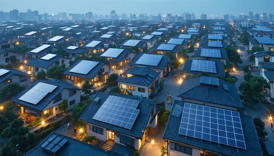 Conceptual illustration of a city transformed into a solar-powered urban environment, featuring interconnected rooftops, smart grid systems, and community spaces with integrated solar infrastructure.