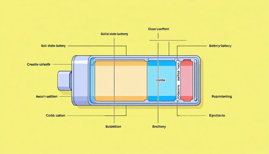 Cross-sectional illustration of a solid-state battery showing electrolyte, cathode, and anode layers