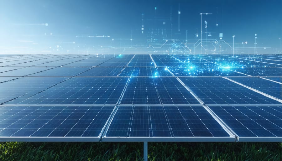 Solar panels in motion, dynamically adjusting their positions using AI-driven technology in a European landscape, with digital data elements representing algorithmic optimization.