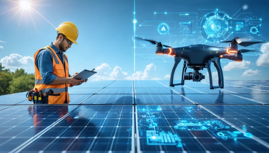 Visual comparison of traditional manual solar panel inspection versus AI-powered drone monitoring, illustrating the innovative shift in solar panel maintenance technology.