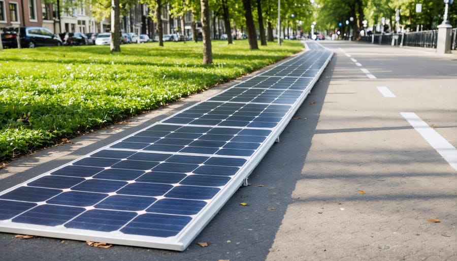 Cyclists using a solar-powered bike path in Amsterdam with visible solar panels integrated into the surface