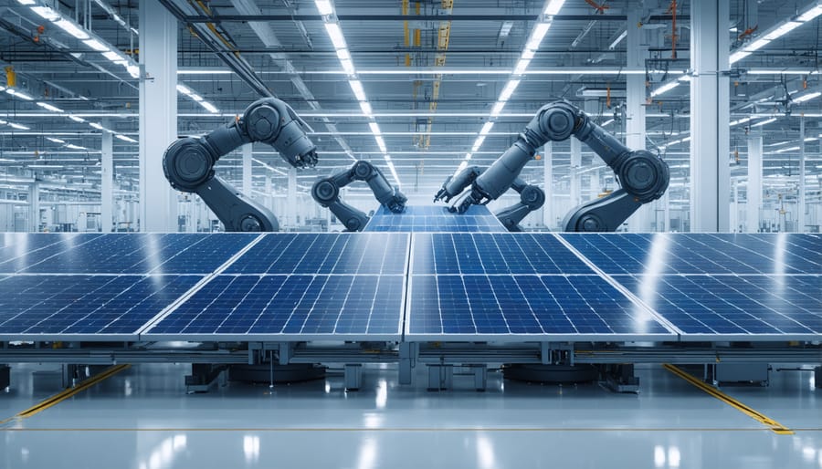 Modern automated solar panel manufacturing facility with smart production systems