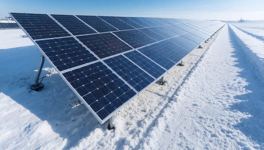 Illustration of bifacial solar panels capturing direct and reflected sunlight in a European landscape, showcasing dual-sided energy generation and advanced solar technology.