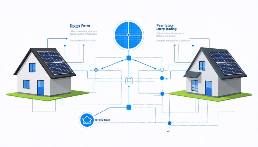 Illustration of houses exchanging renewable energy through blockchain network connections