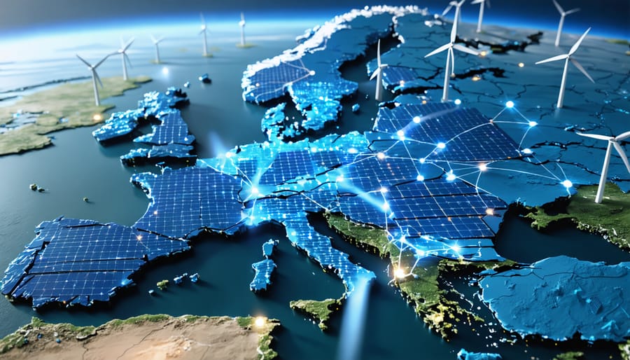 Illustration of solar panels and wind turbines connected by blockchain network over a map of Europe, representing renewable energy trading and grid management.