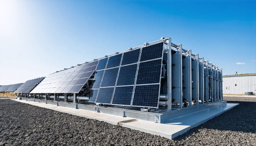 Industrial flow battery system with visible storage tanks and connection to solar array