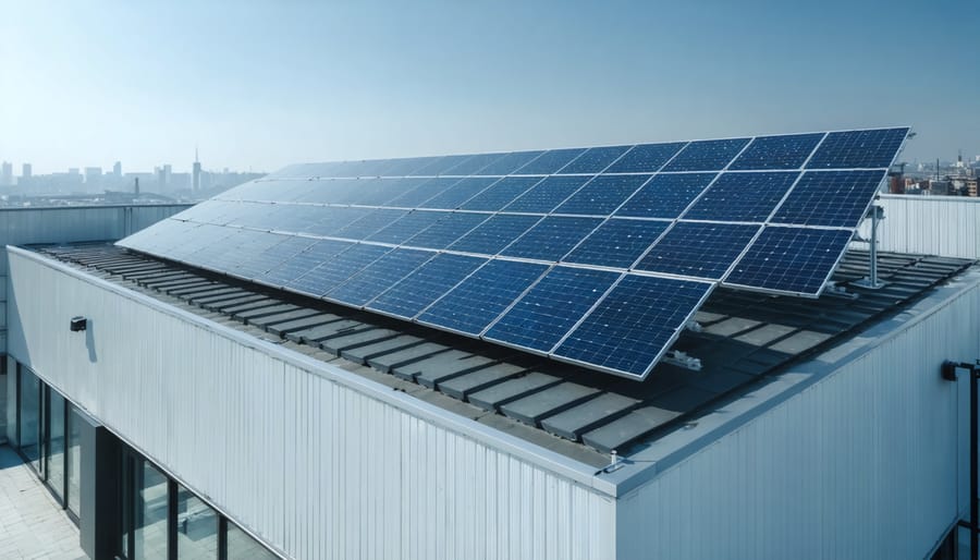 A modern commercial building with solar panels and sleek lithium-ion battery storage units on the rooftop, symbolizing advanced energy management. Displayed software interfaces illustrate energy flow, with a touch of European influence in the background to highlight regional impact.