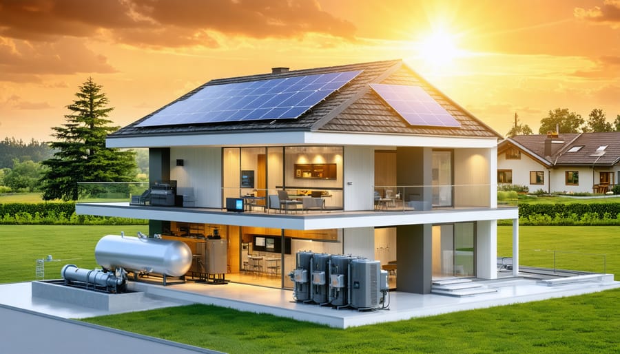 Conceptual illustration of a residential compressed air energy storage system, showcasing solar panels, storage tanks, and turbines, symbolizing sustainable home energy solutions.