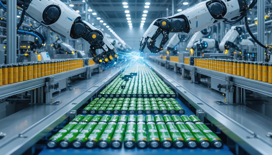 A depiction of a state-of-the-art European battery recycling facility, showcasing advanced robotic arms sorting batteries, with high-tech machinery representing the integration of AI and automation in sustainable recycling.