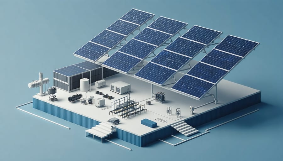 Detailed technical diagram of solar mounting kit components including rails, clamps, and fasteners