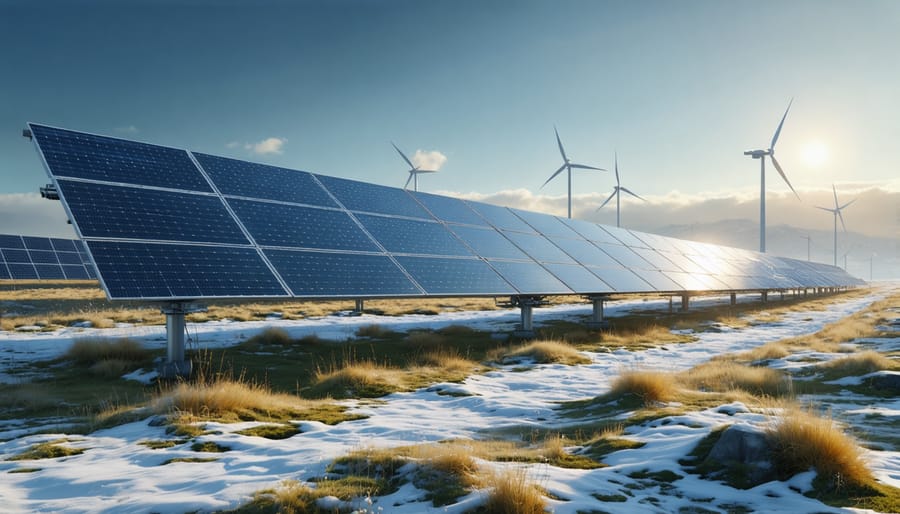 Illustration of ground-mounted solar panels across different European landscapes, depicting varied weather conditions and engineering elements like mounting structures, representing the resilience and adaptability of solar technology.