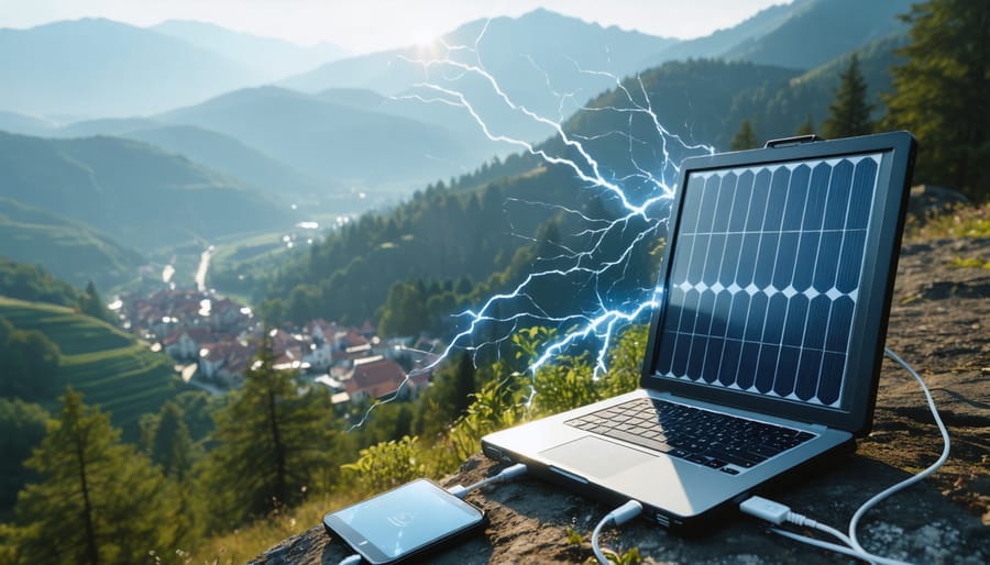A sleek and advanced 7-watt solar battery charger harnessing sunlight to power various portable devices, set against diverse European landscapes symbolizing versatility and eco-friendly innovation.