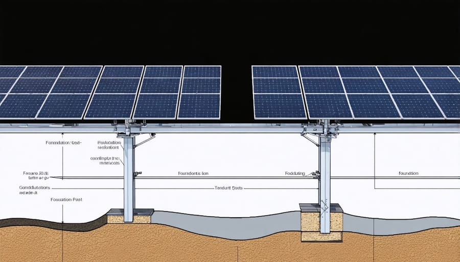 Exploded view diagram of ground solar mounting system components and assembly