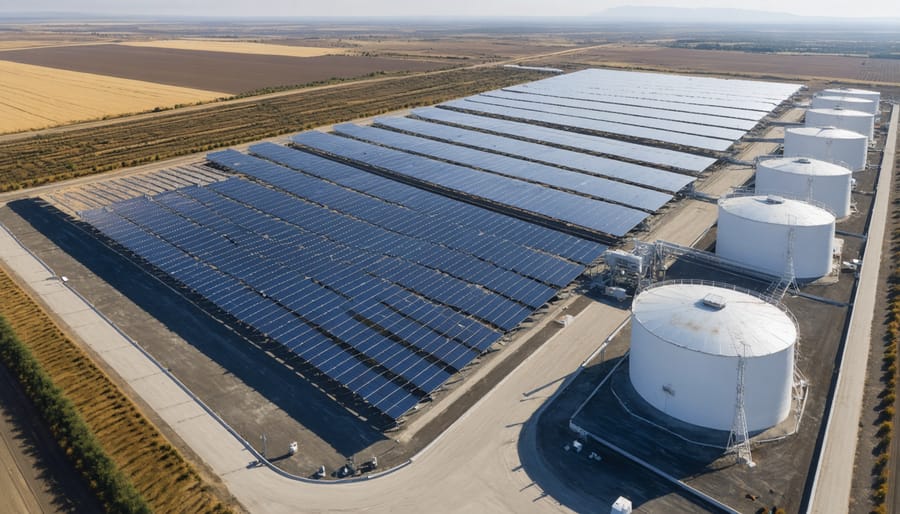 Large-scale solar thermal power plant featuring prominent molten salt storage tanks and mirror arrays