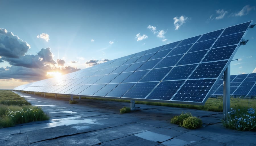 Conceptual image of advanced n-type solar panels in a European landscape, symbolizing cutting-edge solar technology and its pivotal role in Europe's renewable energy revolution.